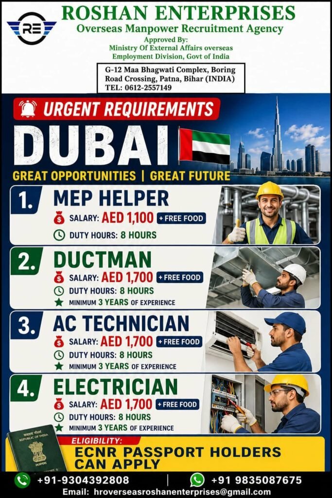 Dubai Jobs 2026 – Urgent Vacancies for MEP Helper, Ductman, AC Technician & Electrician