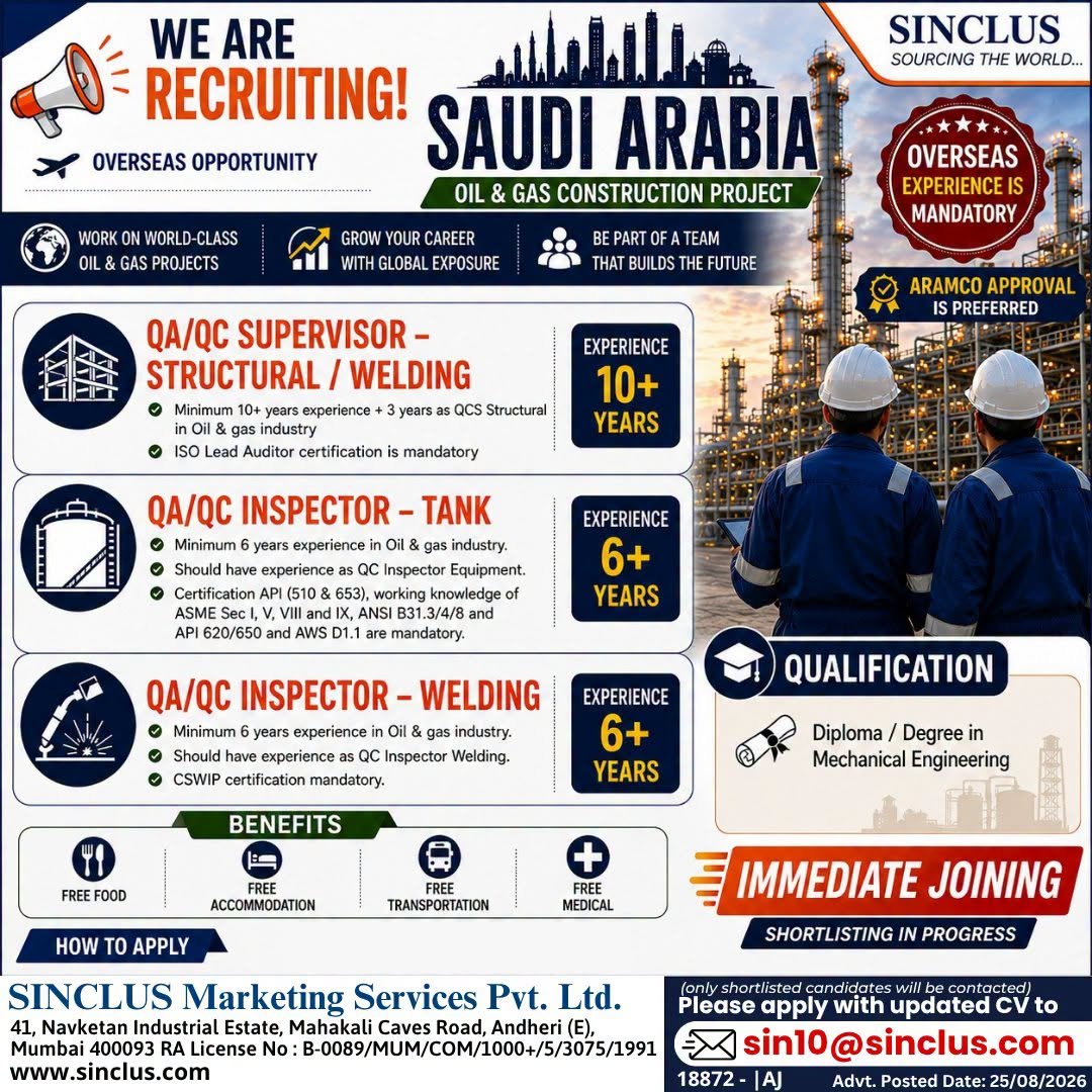 Saudi Arabia : Hiring For a leading Oil & Gas Construction Project 