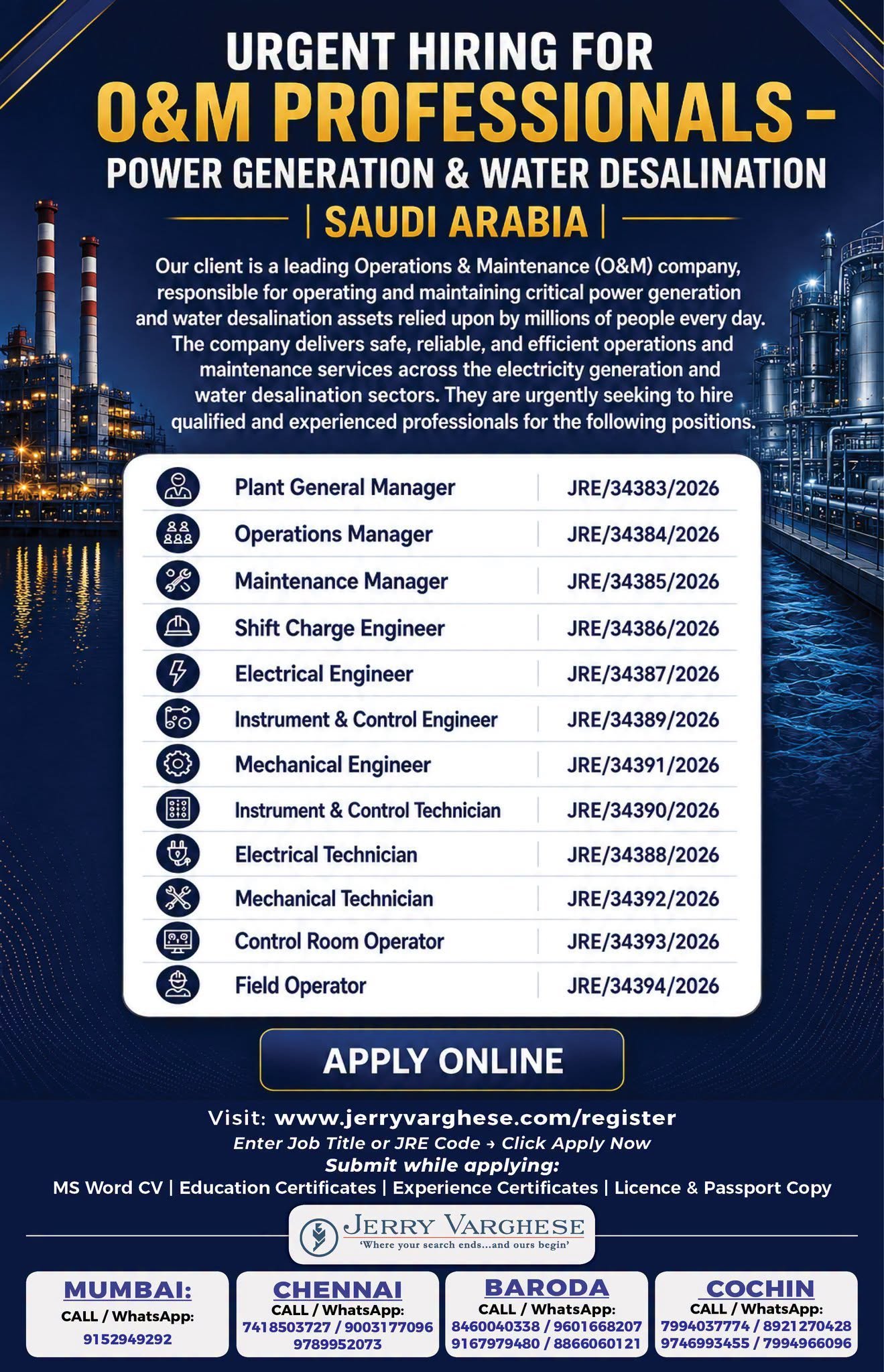 Urgent Hiring for Power Generation and Water Desalination for Saudi Arabia