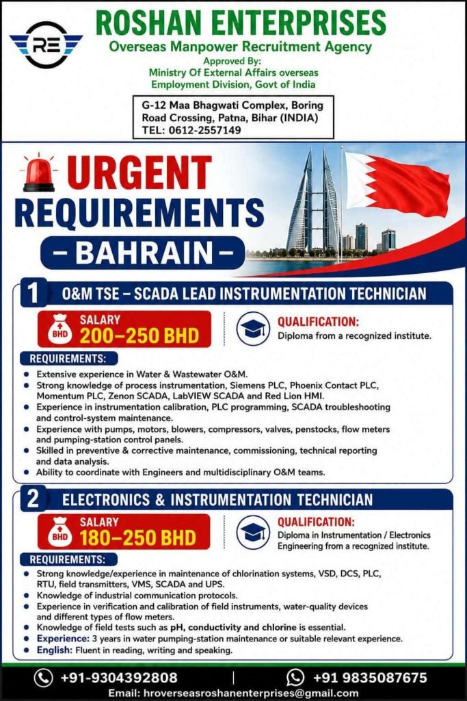 Bahrain Jobs 2026 – Urgent O&M SCADA Lead Instrumentation Technician & Electronics Technician Vacancies