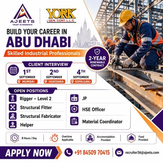 UAE : Hiring Skilled Industrial Professionals for YORK Gen. Cont. L.L.C., Abu Dhabi.