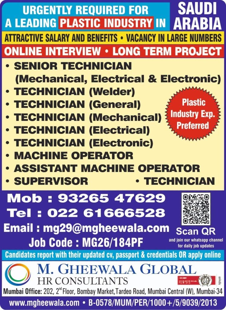 Saudi Arabia Jobs 2026 – Plastic Industry Vacancies for Technicians, Operators and Supervisors