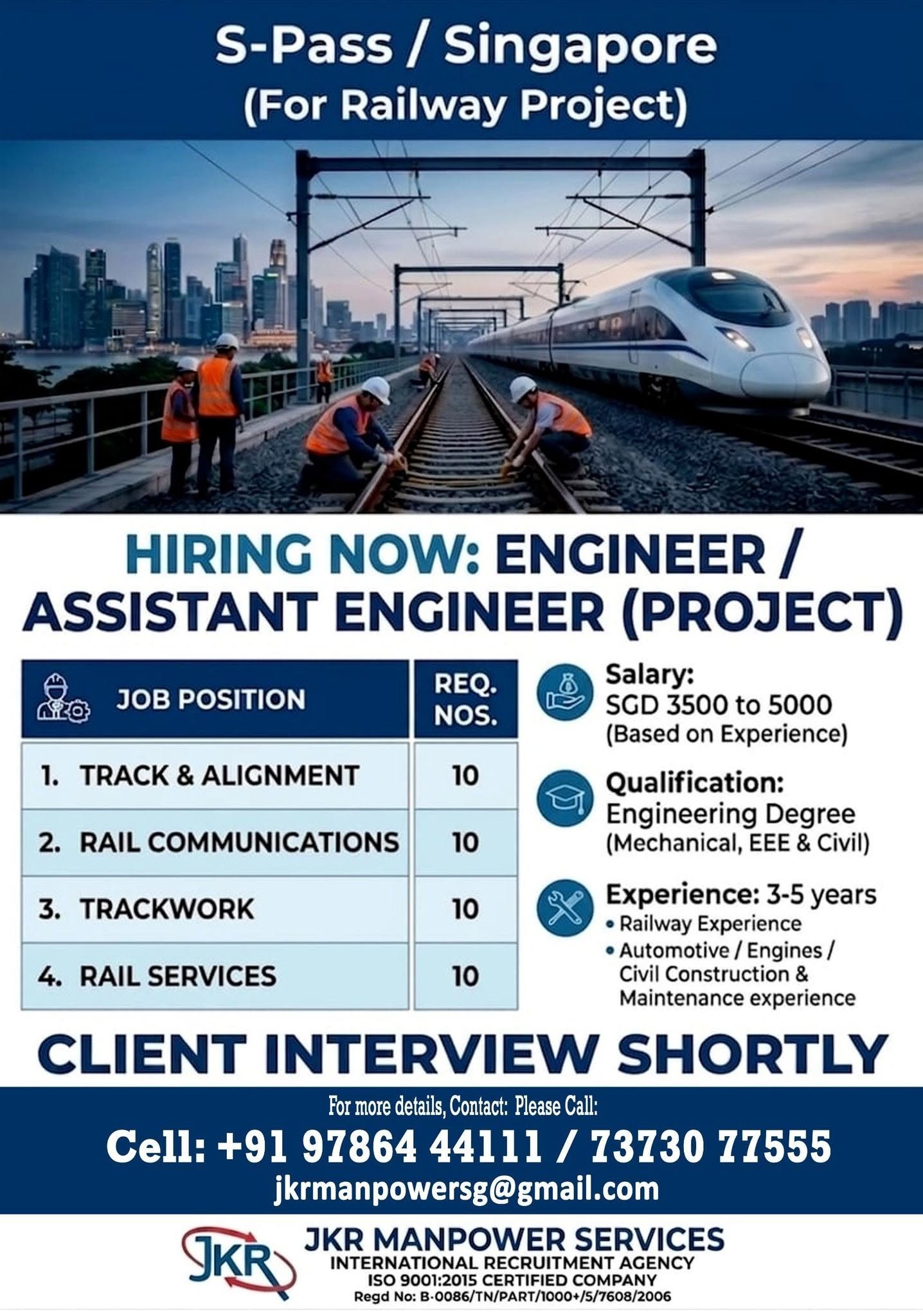 Singapore Jobs 2026: 40 Engineer & Assistant Engineer Vacancies for Railway Project
