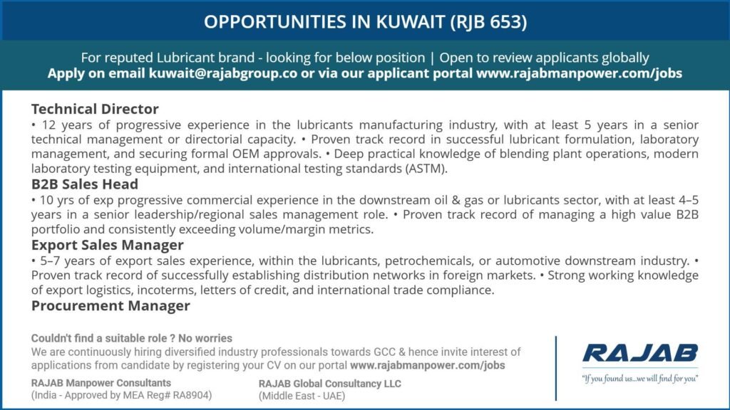 Kuwait Recruitment 2026: Latest Lubricants Industry Jobs 