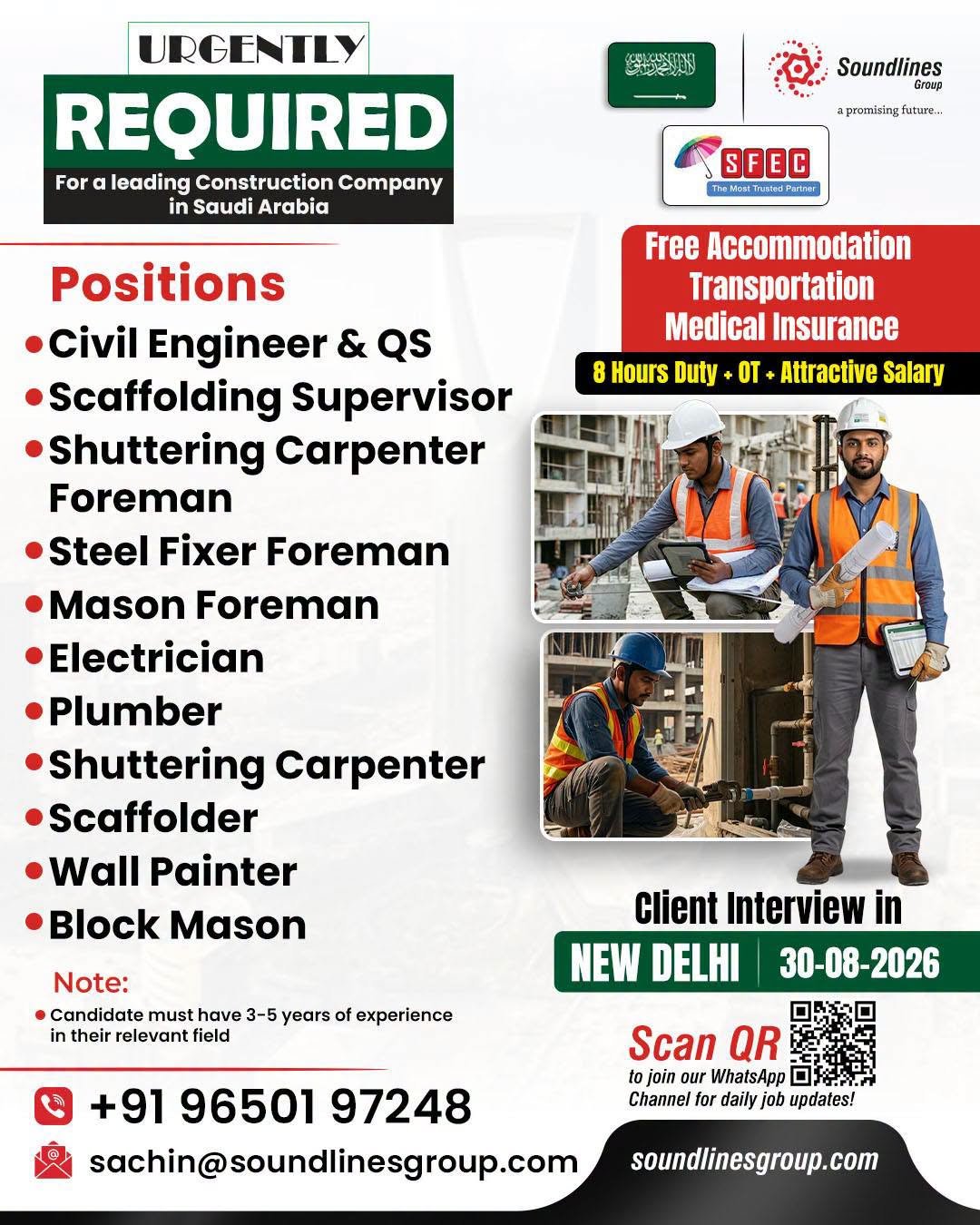 Hiring For SFEC Construction Company in Saudi Arabia