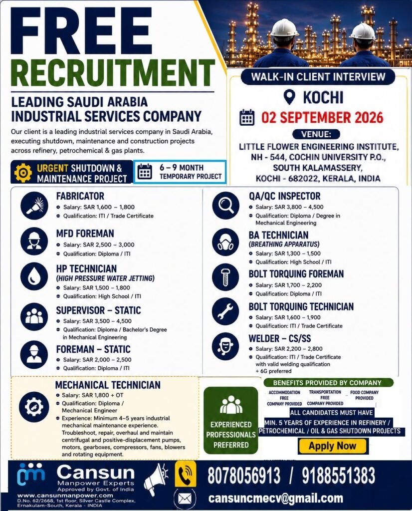Saudi Arabia Jobs 2026: Free Recruitment for Shutdown & Maintenance Project