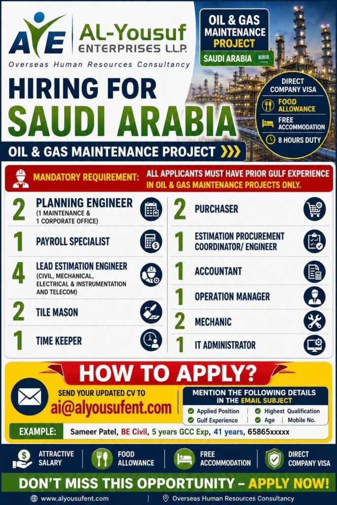 Saudi Arabia Jobs 2026: 19 Oil & Gas Maintenance Vacancies | Planning Engineer, Mechanic, Accountant & More