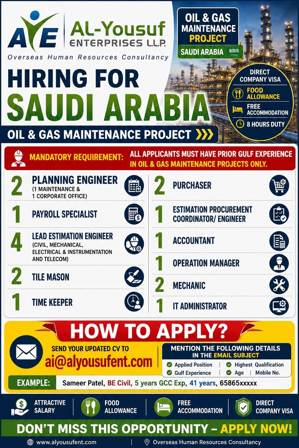 Saudi Arabia Jobs 2026: 19 Oil & Gas Maintenance Vacancies | Planning Engineer, Mechanic, Accountant & More