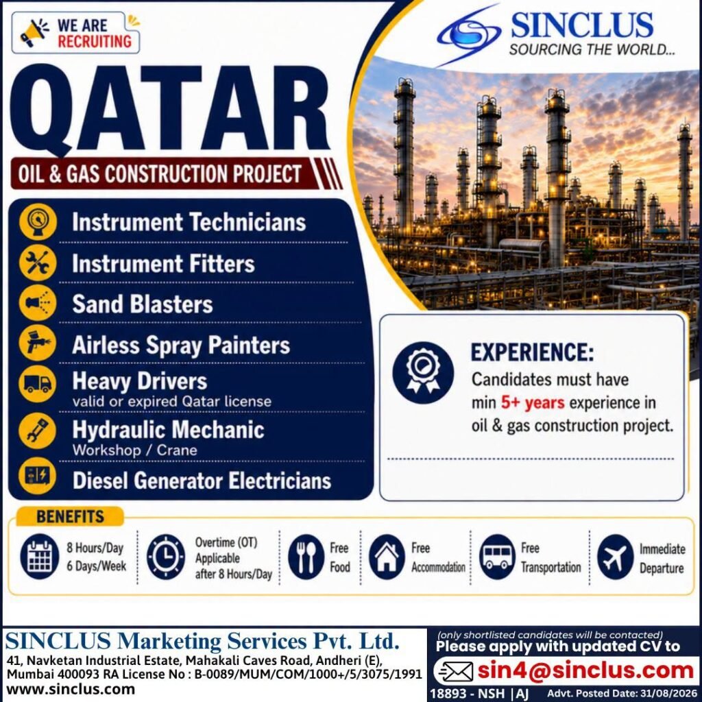 Hiring experienced professionals for Oil & Gas Construction Project in Qatar.