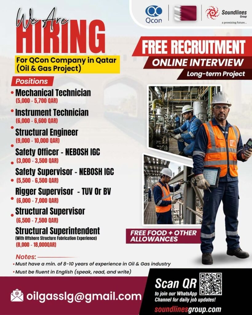 Hiring Urgent For QCon Company in Qatar (Oil & Gas Project)