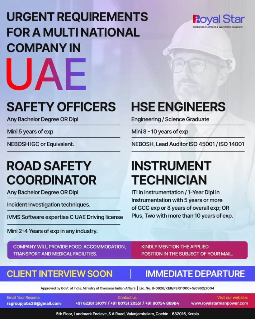 Hiring Urgently For A leading multinational company in the UAE 
