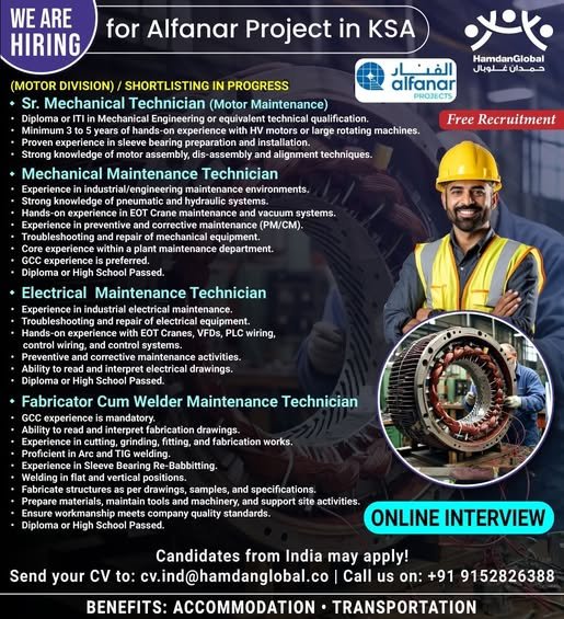 hiring for Alfanar Project in Saudi Arabia