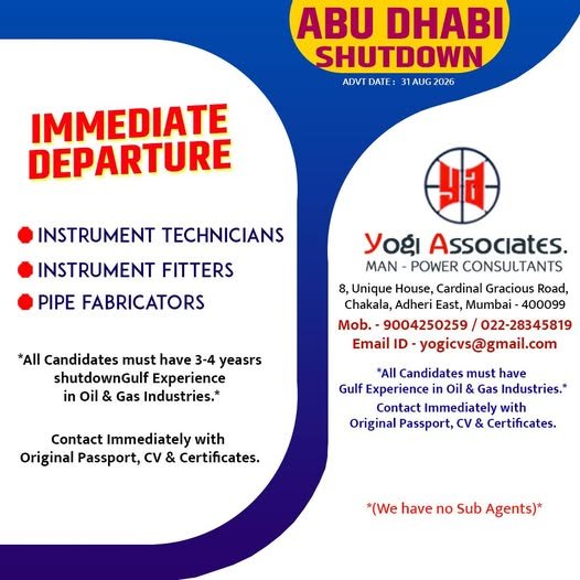 Abu Dhabi Shutdown Jobs 2026: Immediate Vacancies for Instrument Technicians, Instrument Fitters & Pipe Fabricators