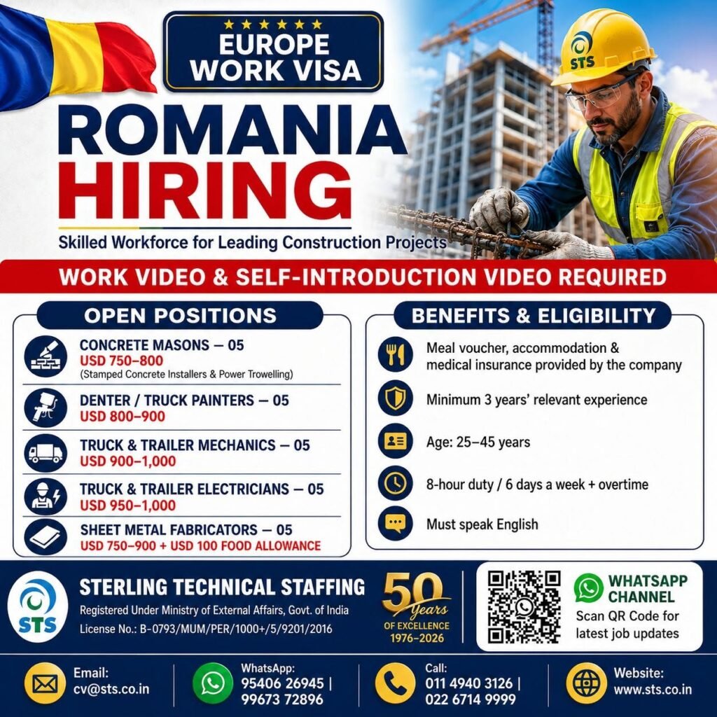 Romania Jobs 2026: 25 Construction Vacancies with Europe Work Visa Opportunity Romania Jobs 2026: 25 Construction Vacancies with Europe Work Visa Opportunity