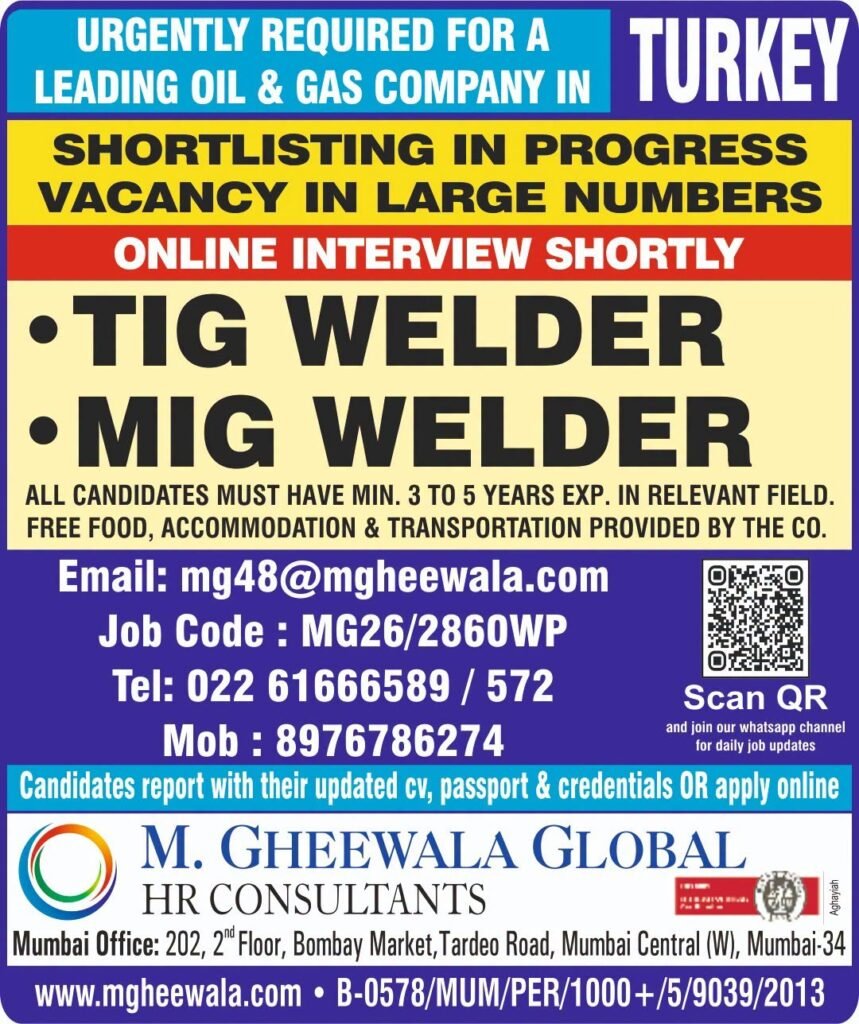 Turkey Jobs 2026: TIG Welder and MIG Welder Vacancies in Oil & Gas Company