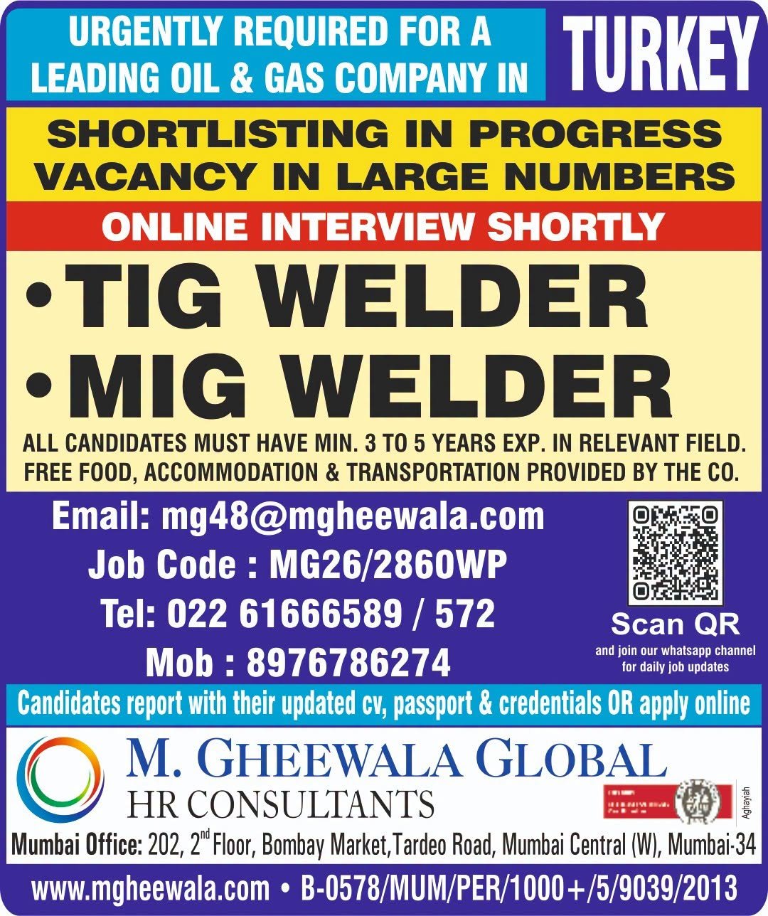Turkey Jobs 2026: TIG Welder and MIG Welder Vacancies in Oil & Gas Company