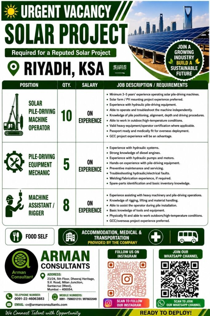 Solar Project Jobs in Riyadh, Saudi Arabia 2026 – Operators, Mechanics & Riggers