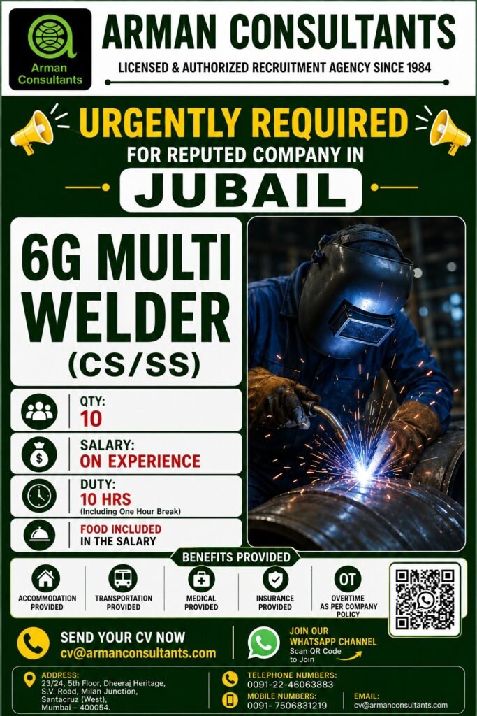 6G Multi Welder Jobs in Jubail, Saudi Arabia – 10 Vacancies 6G Multi Welder Jobs in Jubail, Saudi Arabia – 10 Vacancies