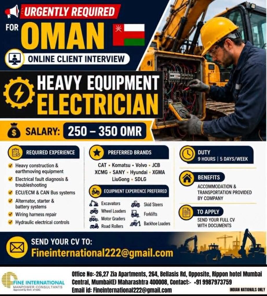Heavy Equipment Electrician Jobs in Oman 2026 – Free Recruitment | Online Client Interview