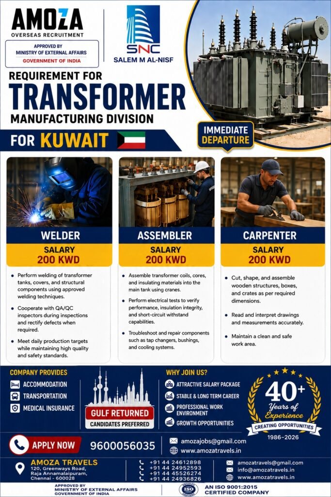 Kuwait Transformer Manufacturing Jobs 2026 – Welder, Assembler and Carpenter Vacancies