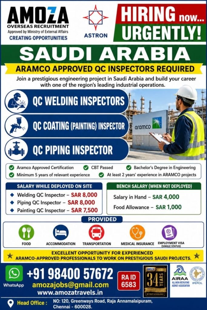 Saudi Arabia Aramco Approved QC Inspector Jobs 2026 | Apply Now