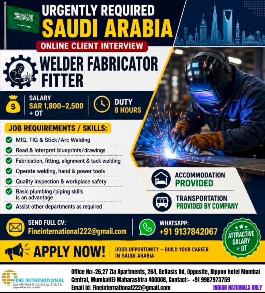 Saudi Arabia Welder, Fabricator & Fitter Jobs 2026 – Urgent Recruitment