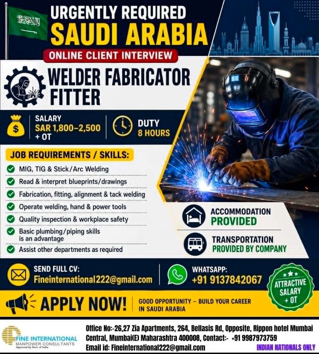 Saudi Arabia Welder, Fabricator & Fitter Jobs 2026 – Urgent Recruitment
