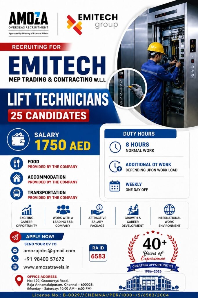 UAE Emitech Group Recruitment 2026 – Lift Technician Jobs | 25 Vacancies UAE Emitech Group Recruitment 2026 – Lift Technician Jobs | 25 Vacancies