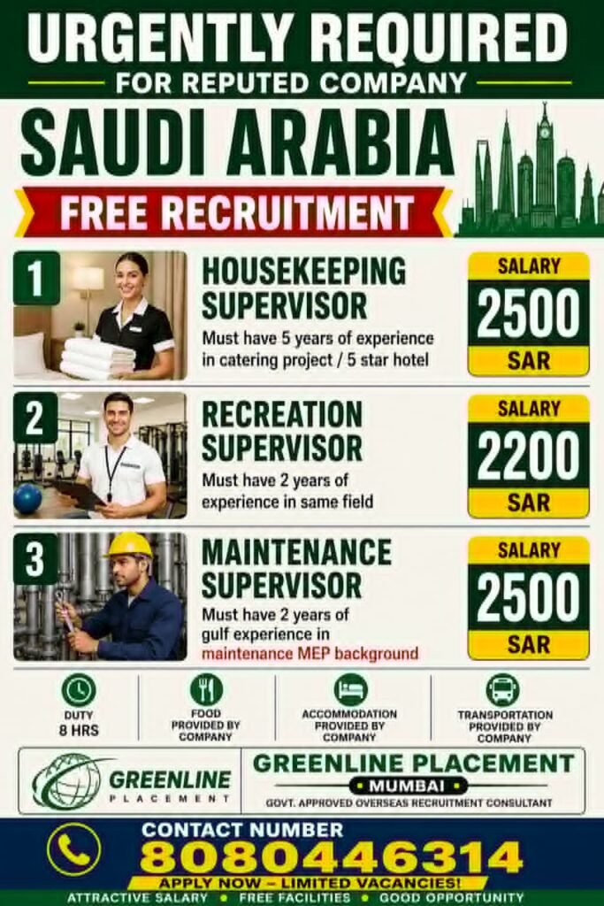 Saudi Arabia Jobs 2026 – Free Recruitment for Housekeeping, Recreation & Maintenance Supervisors