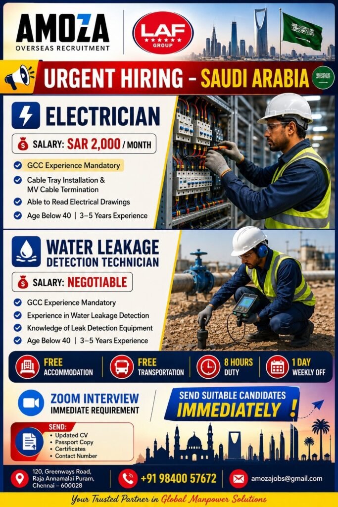 Saudi Arabia Electrician & Water Leakage Detection Technician Jobs 2026 | Zoom Interview 