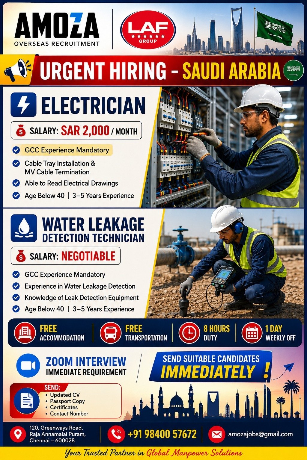 Saudi Arabia Electrician & Water Leakage Detection Technician Jobs 2026 | Zoom Interview 