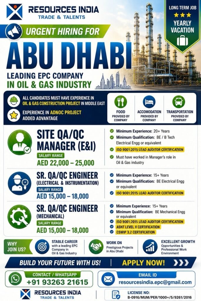 Abu Dhabi Oil & Gas Jobs 2026 | Hiring For Leading EPC Company