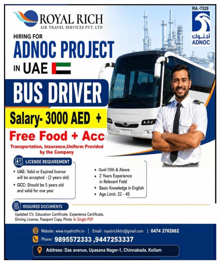 UAE Jobs 2026 – Bus Driver Vacancy with AED 3,000 Salary