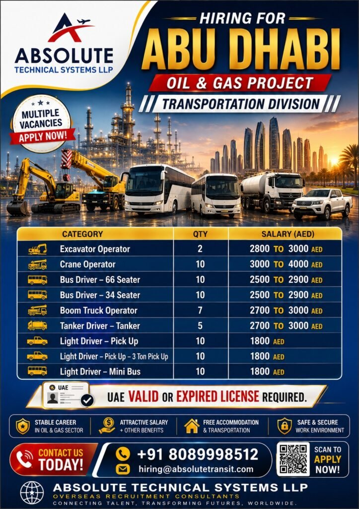 Abu Dhabi Jobs 2026: Oil & Gas Project Vacancies for Operators and Drivers