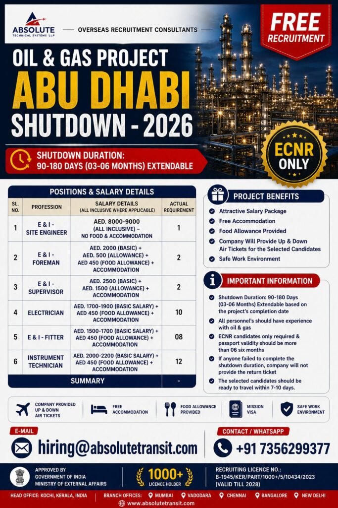 Abu Dhabi Shutdown Jobs 2026 – shutdown Project 90 to 180 days (3 to 6 months)