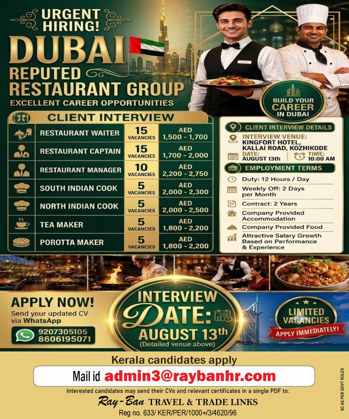 Dubai Restaurant Jobs 2026 – Urgent Hiring for Waiters, Cooks, Managers and Restaurant Staff