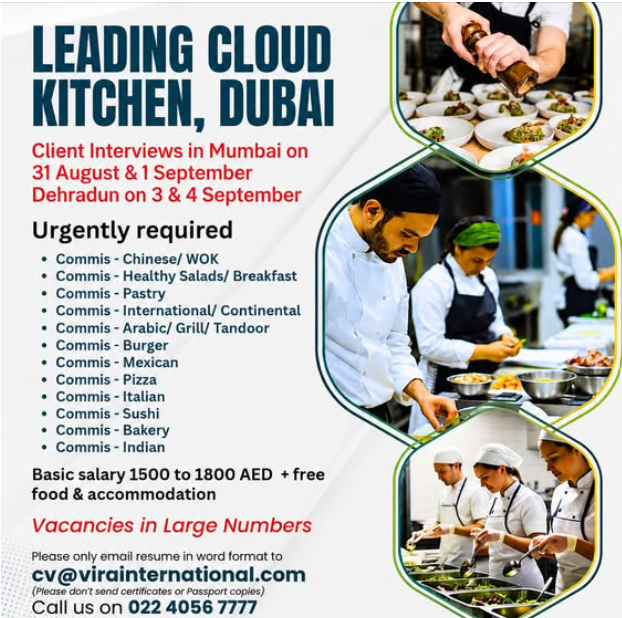 Jobs in Dubai - Hiring chefs for A leading Cloud Kitchen in Dubai 