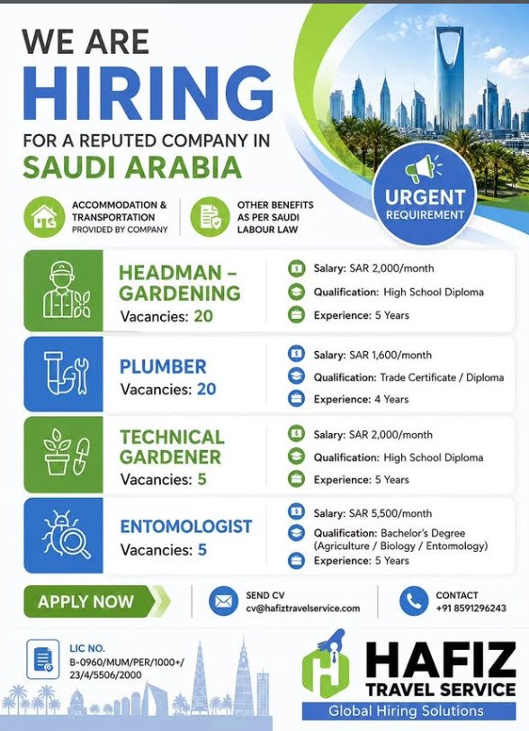 Saudi Arabia Jobs 2026 – Urgent Hiring for Gardening, Plumbing & Pest Control Positions