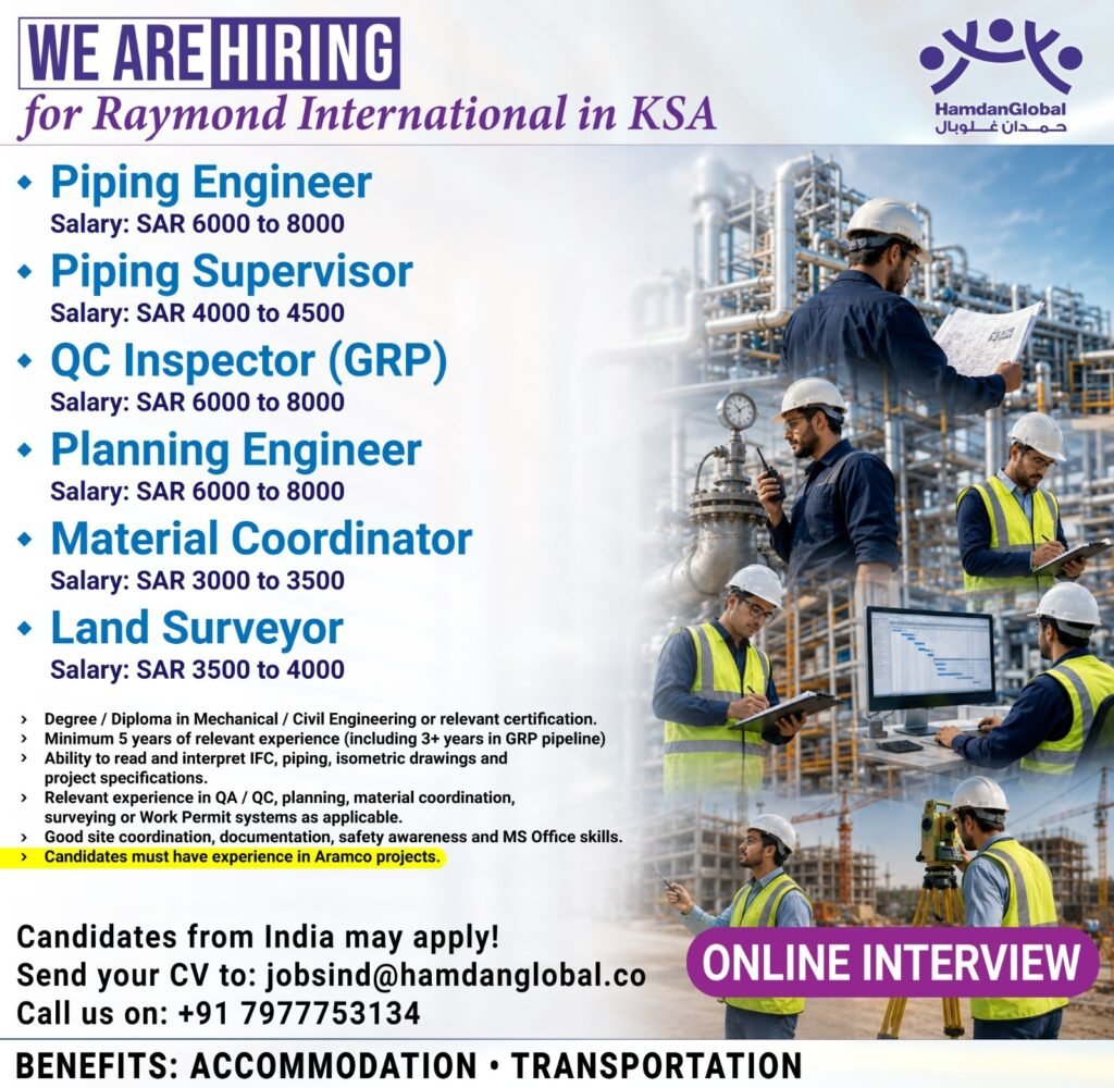 Raymond International Saudi Arabia Jobs 2026 – Multiple Vacancies Raymond International Saudi Arabia Jobs 2026 – Multiple Vacancies