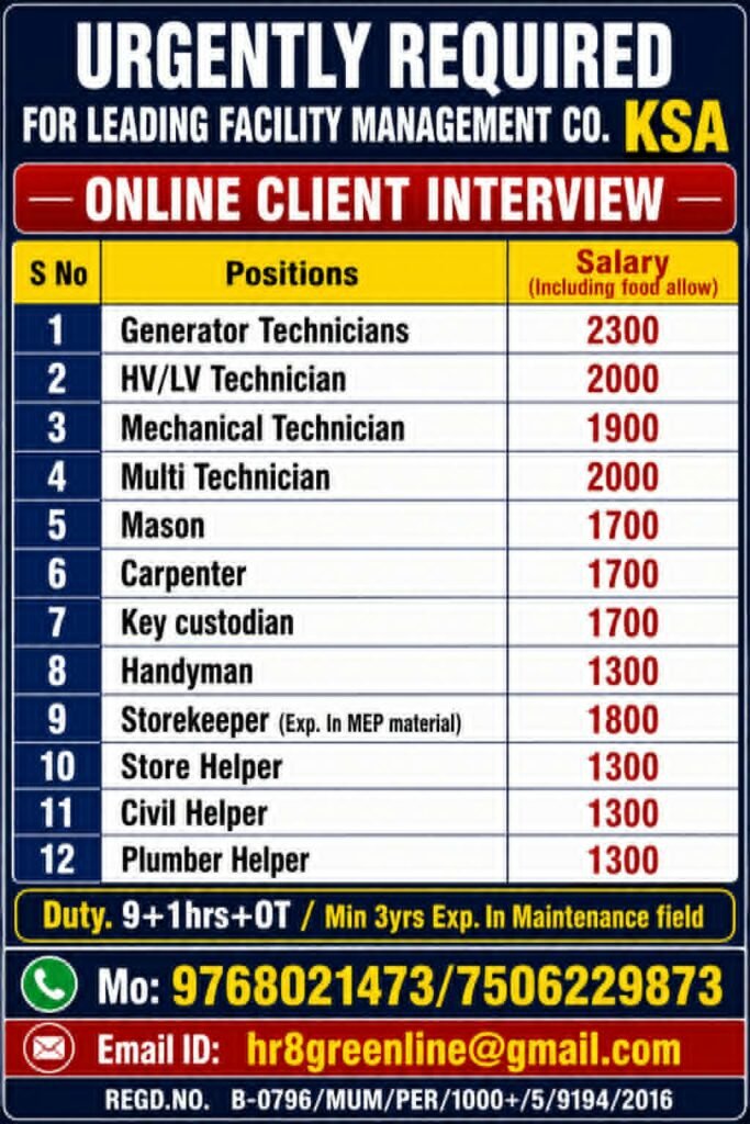 Saudi Arabia Jobs 2026 – Urgent Recruitment for Leading Facility Management Company