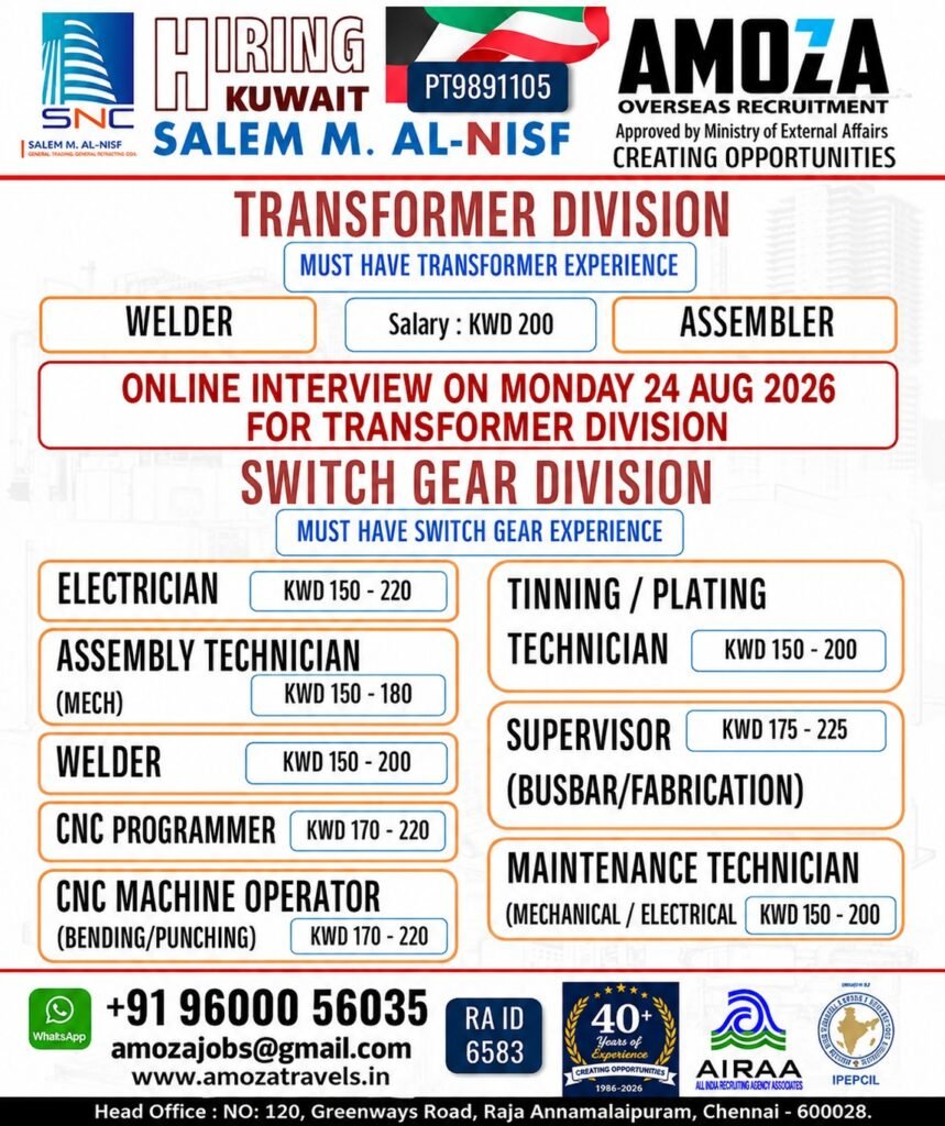 Kuwait Jobs 2026 – Transformer & Switch Gear Division Vacancies