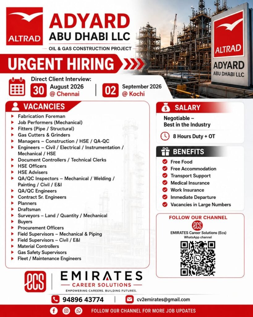 Adyard Abu Dhabi Jobs 2026 – Urgent Hiring for Oil & Gas Construction Project