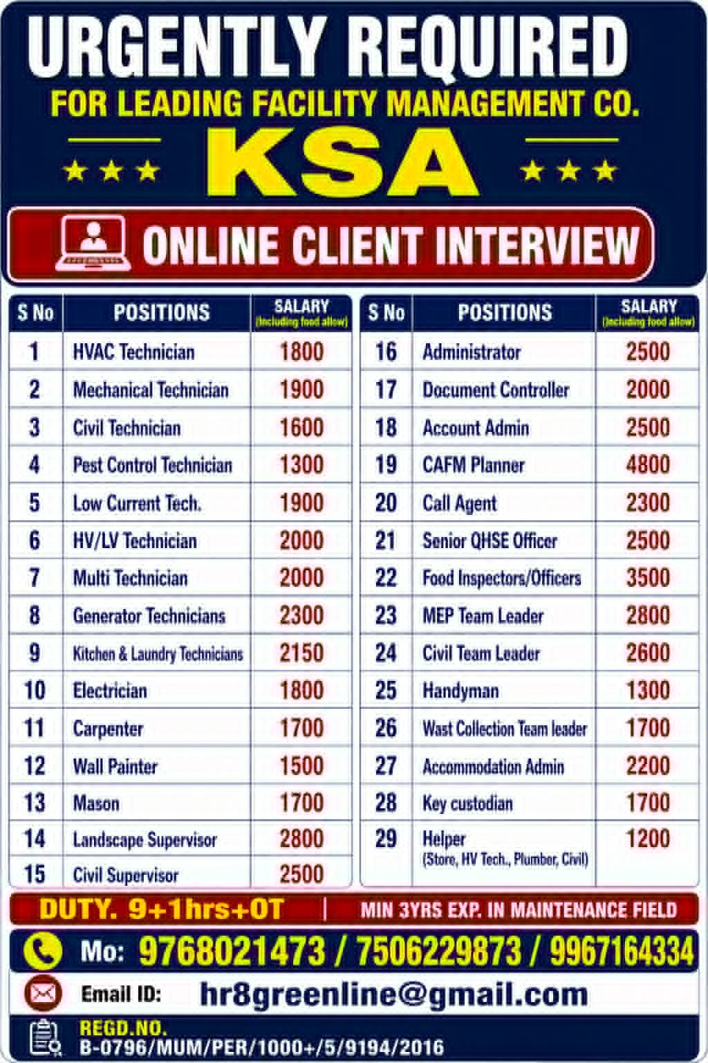 Saudi Arabia Facility Management Jobs 2026 – Online client interviews | Apply Online
