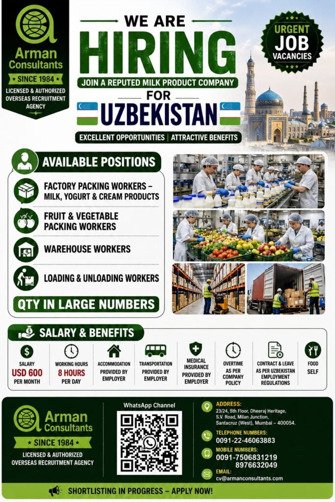 Uzbekistan Jobs 2026 – Milk Product Company Hiring Packing & Warehouse Workers