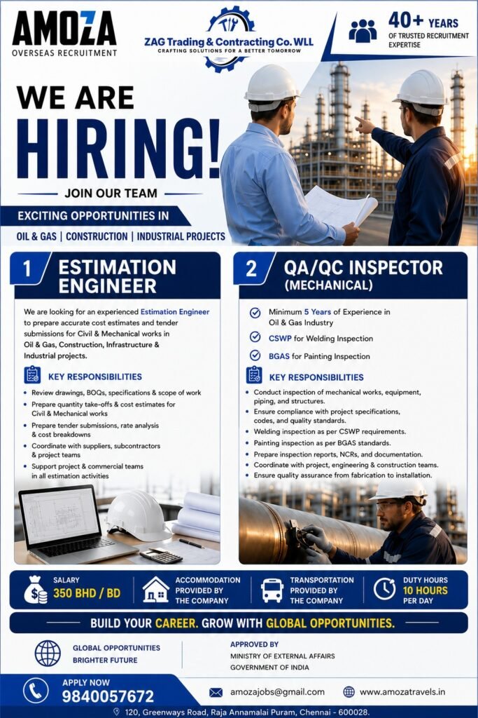 Bahrain Jobs 2026 – Estimation Engineer & QA/QC Inspector Vacancies