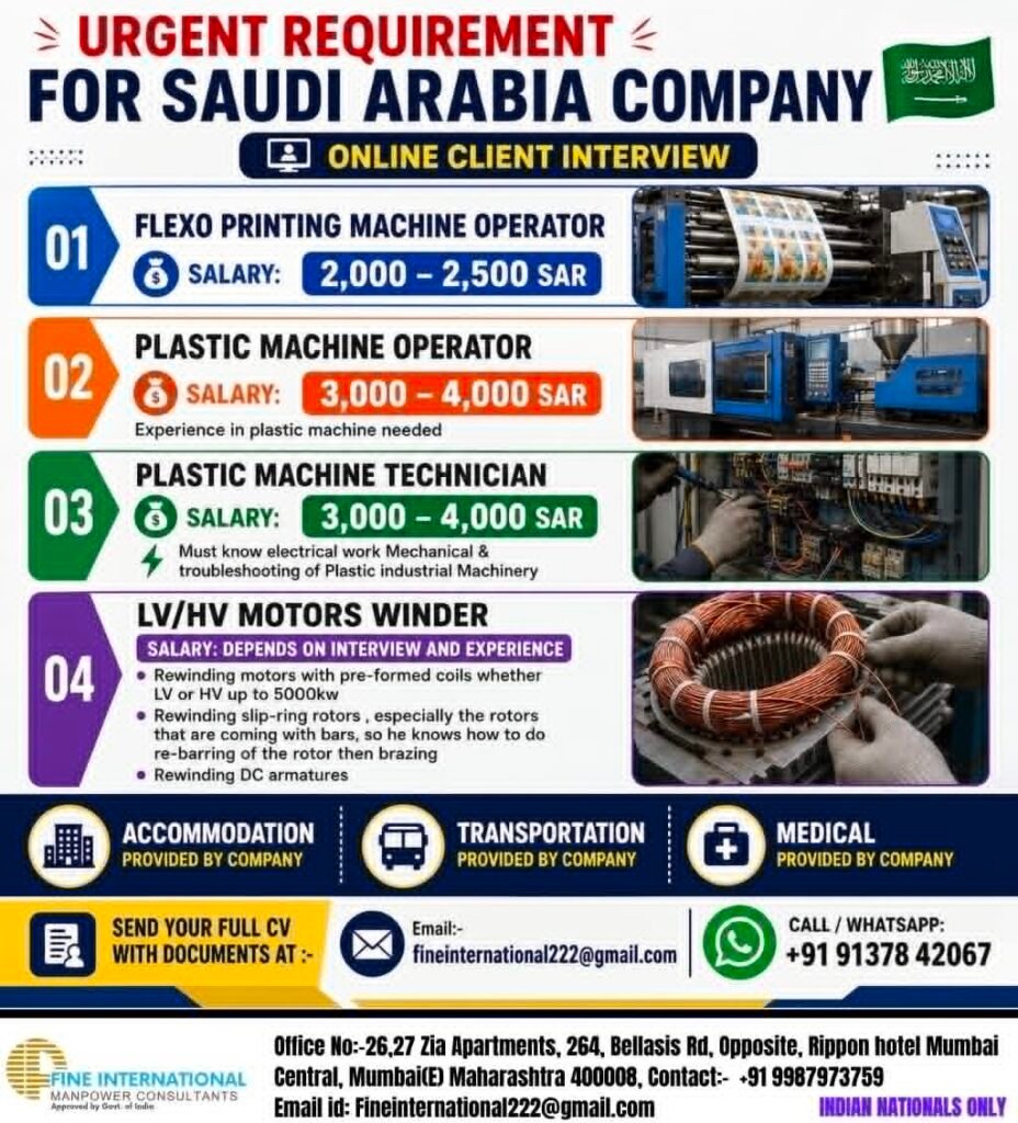 Saudi Arabia Jobs 2026 – Urgent Vacancies for Machine Operators and Technicians