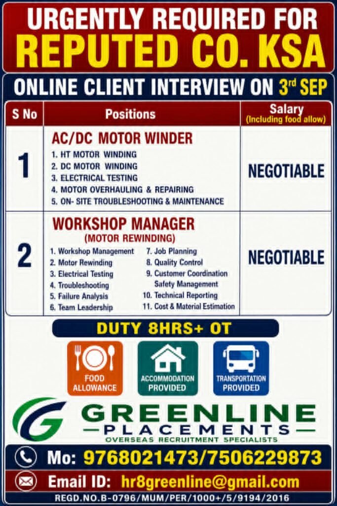 Saudi Arabia Jobs 2026 – AC/DC Motor Winder and Workshop Manager Vacancies