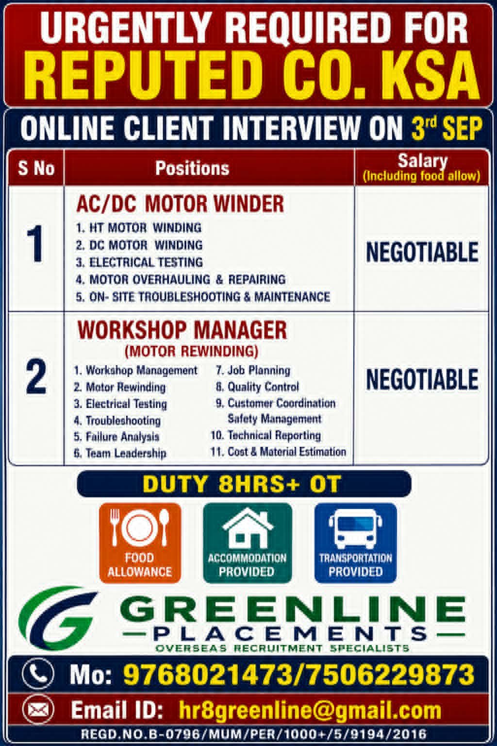 Saudi Arabia Jobs 2026 – AC/DC Motor Winder and Workshop Manager Vacancies