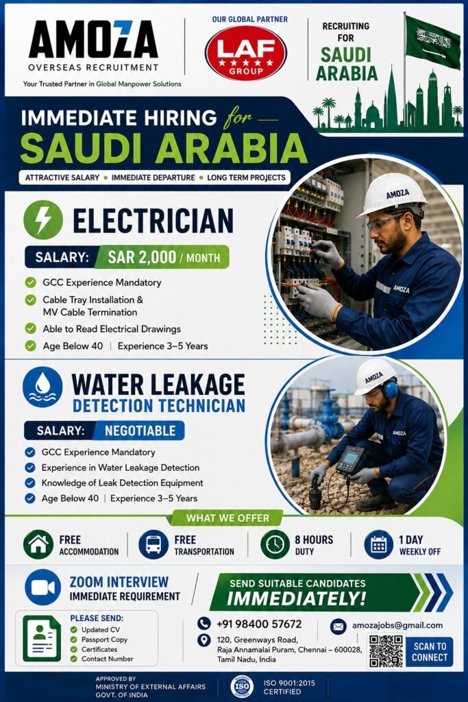 Saudi Arabia Jobs 2026 – Electrician & Water Leakage Detection Technician Vacancies