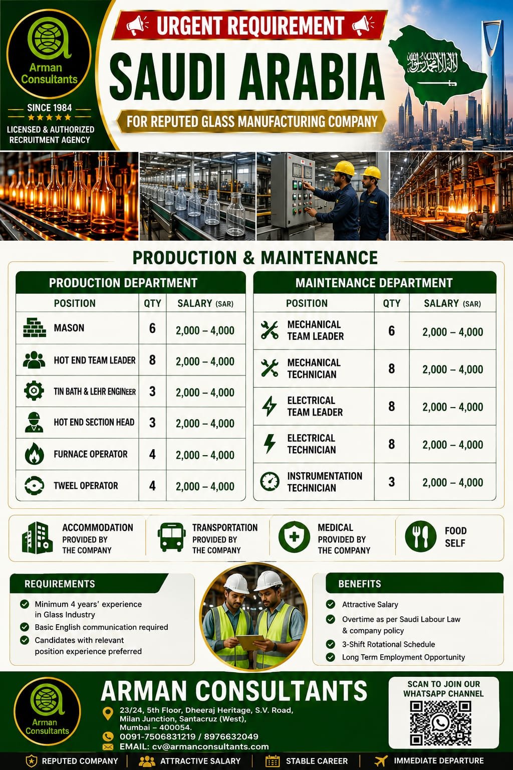 Saudi Arabia Glass Manufacturing Jobs 2026 – Production & Maintenance Vacancies